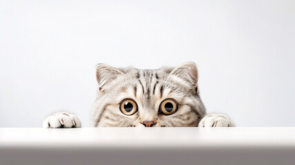 Scottish Fold Cat peeking out from behind a white table, on white background with copyspace.