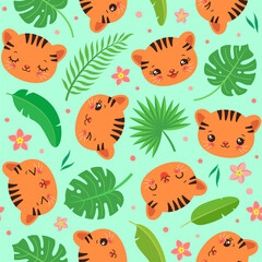 Obraz premium Cute tiger cub seamless pattern. Tiger face kawaii style. Cartoon safari animal head. Palm leaves and tropical flowers. Summer repeat design for children fashion print, textile fabric, paper, so on.