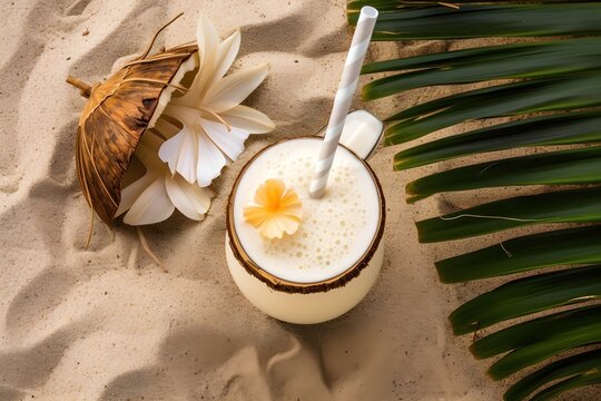 Summer coconut milk cocktail on the sand on a beach with a palm branch and tropical flowers. Generative AI.
