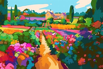 Fototapeta na wymiar Bright colorful painting of English countryside. Generative AI