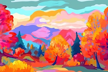 Fototapeta na wymiar Bright colorful landscape painting of mountain forest. Generative AI