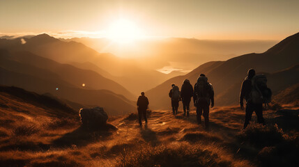 group of people walking in mountains