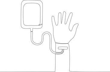 A small hand is donating blood. World blood donor day one-line drawing