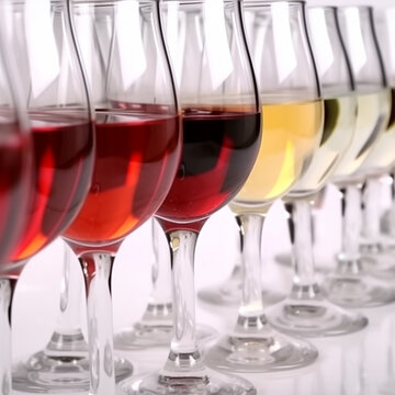 Glasses with different types of wine, red, rose, white wine, one after another on a white background close-up, ai generative