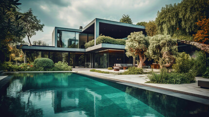 Fototapeta premium Luxury House with Vegetation and a Huge Swimming Pool