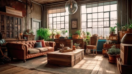 Fototapeta na wymiar A rustic living room in an industrial style, filled with vintage decor and cozy textiles. Generative AI