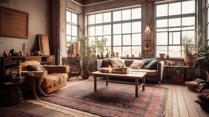 A rustic living room in an industrial style, filled with vintage decor and cozy textiles. Generative AI
