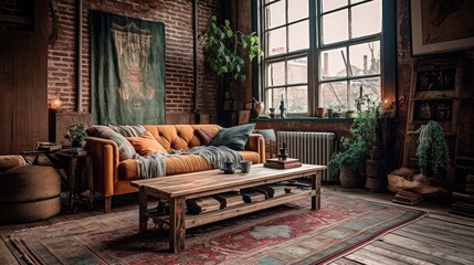 Fototapeta na wymiar A rustic living room in an industrial style, filled with vintage decor and cozy textiles. Generative AI