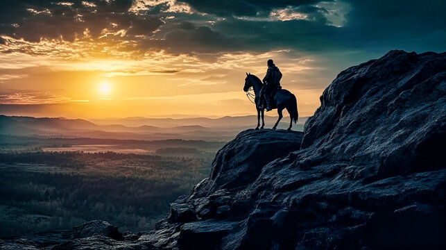 Man sitting on his horse on a mountain cliff looking out over the valley sunset painting illustration. AI generated art.