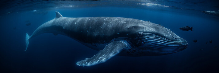 Blue Whale swimming near surface of deep dark blue ocean, global warming and animal conservation - Generative AI
