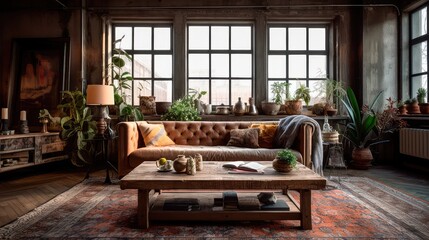 A rustic living room in an industrial style, filled with vintage decor and cozy textiles. Generative AI