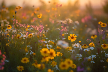 Field of flowers at golden hour, generative AI