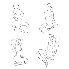 Collection. Silhouette of a woman in a modern continuous line style. The girl is slim and beautiful. Lady suitable for decor, posters, stickers, logo. vector illustration set