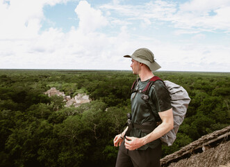 person with a backpack in the mata pyramid