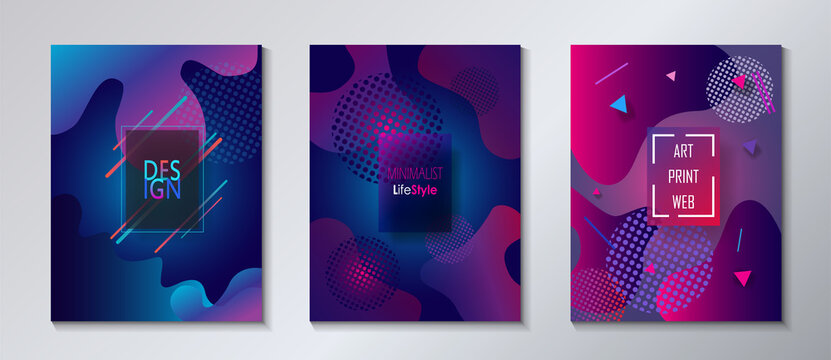 Brochure cover Abstract geometric design set, purple blue violet liquid graphic gradient circle shape cover book presentation Minimal brochure layout modern report business Sports poster template