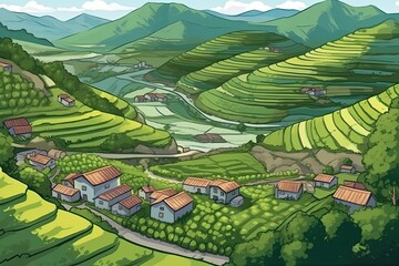 a winding road in a green setting, surrounded by structures and a lot of trees. Generative AI