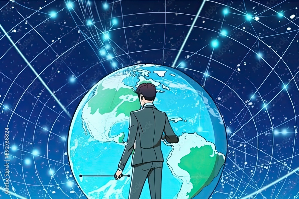 Aufkleber on a backdrop of space, a businessman is dealing with a worldwide network and a client relationship.