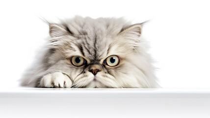 Persian Cat peeking out from behind a white table, on white background with copyspace. © Melipo-Art