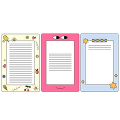 A variety of note sheet layouts with cute illustrations. Sheets for notebook, wall, diary with lines for notes. 
