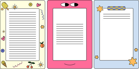A variety of note sheet layouts with cute illustrations. Sheets for notebook, wall, diary with lines for notes. 
