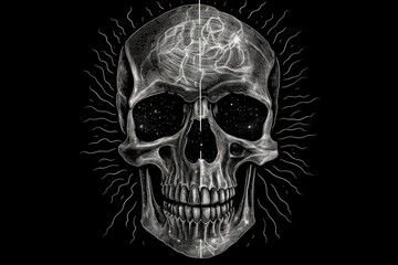 Black and white artwork of a lightning skull. Generative AI