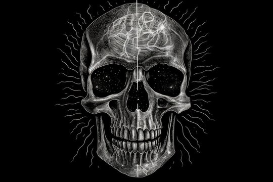 Black and white artwork of a lightning skull. Generative AI