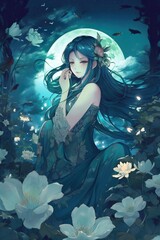 Obraz na płótnie Canvas Japanese cartoon anime girl in a kimono dress in a flower field on a full moon made with generative AI