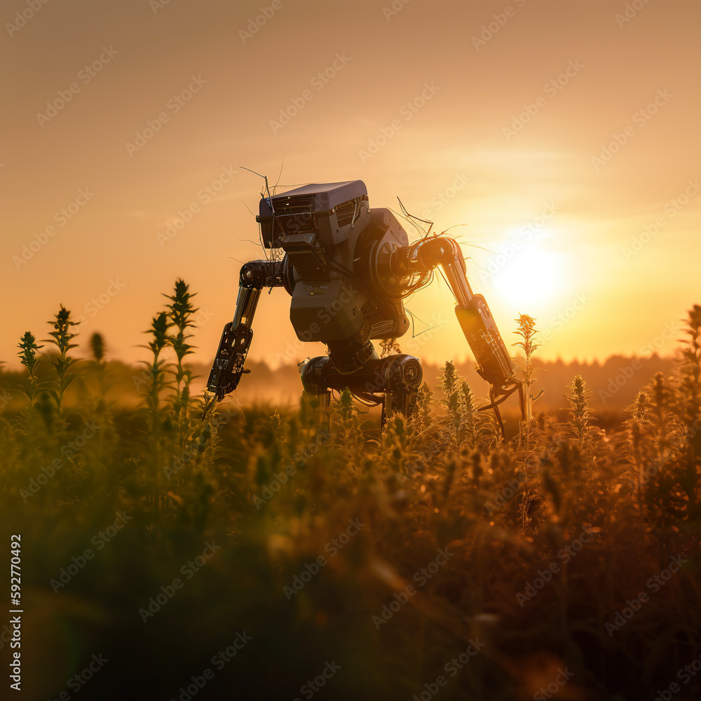 Poster a robot standing in a field with the sun in the background. ai generative image