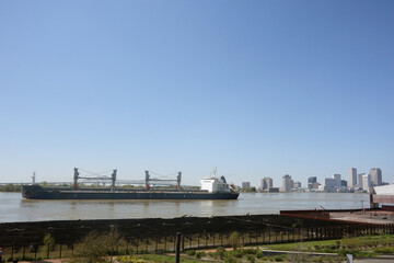 A large cargo ship on the Mississippi River in New Orleans