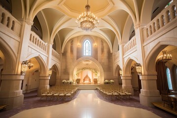 Obraz premium fairytale castle wedding venue with majestic towers, grand ballrooms, lush gardens, and opulent decor, offering a storybook setting for a fairy tale-inspired wedding - Generative AI