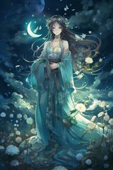 Japanese cartoon anime girl in a kimono dress in a flower field on a full moon made with generative AI