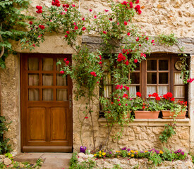 A door and windows decorated with plants and flowers in the historic city of Perouges, France