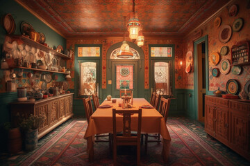 Fototapeta na wymiar Dinning room.All brick material palette. Centered perspective. Interior Design