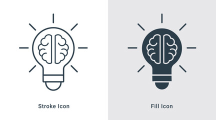 Light bulb with brain idea icon line art and fill vector