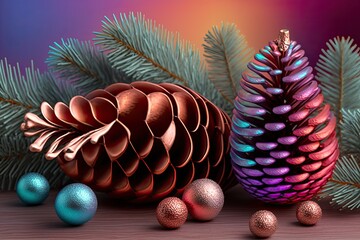 Pinecones and a fir tree against a brilliant backdrop. holiday-themed decorations. Generative AI