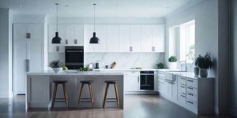 Well lit spacious kitchen mockup in white wall colors  with furniture giving some level of contrast