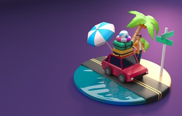 Isolated Car Trip. 3D Illustration