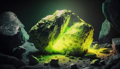 deposits of crystalline uranium ore in a radioactive nugget. Precious minerals of different types and textures. Created with AI. - obrazy, fototapety, plakaty