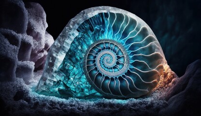 fossilized crystalline ammonite from different gems and ore, sapphire and aquamarine. Created with AI.
