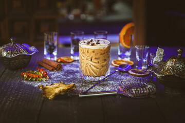 Obraz na płótnie Canvas Distinct coffee cocktail, side view, whiskey glass, espresso martini twist, rich aroma, elegant presentation