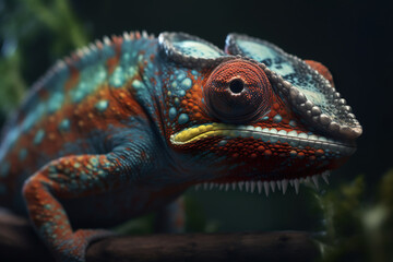 Fototapeta premium Colorful chameleon lizard in nature. Reptile in wildlife. Generative AI
