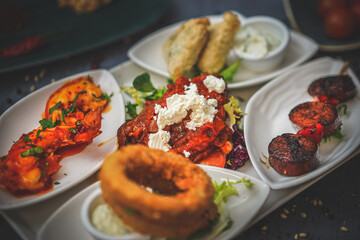 Mixed Hot and Cold Mezze Platter: Traditional Turkish and Middle Eastern Cuisine, Flavourful Appetisers, Gourmet Food, Tasty Selection, Authentic Dishes, Social Dining