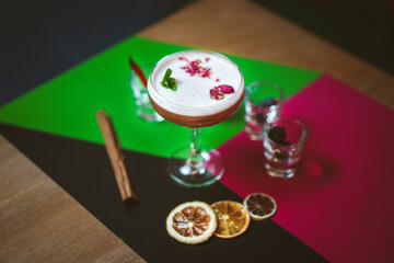 Whiskey Sour Cocktail: Angled Side View, White Foam, Classic Drink, Vibrant Colorful Background, Perfect for Party or Bar Menu