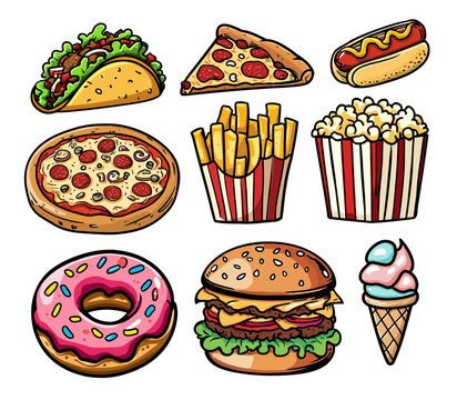 cartoon fast food collection, food illustrations set. Donut, burger, ice cream, popcorn, fries, pizza, hot dog, taco