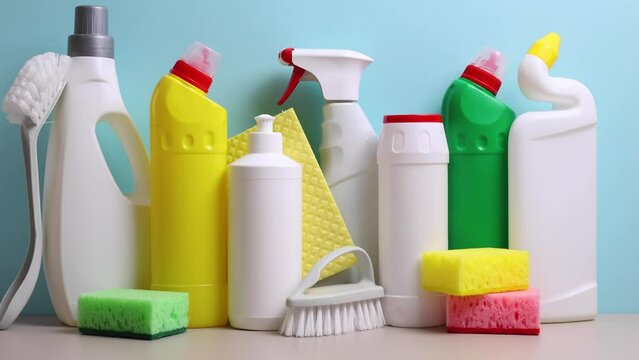 A set of different cleaning and disinfectant products on a coloured background