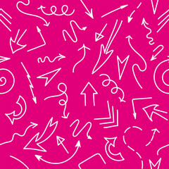 Vector repeating pattern with hand drawn white arrows on magenta background. Doodle arrows set