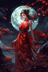 Japanese cartoon anime girl in a dress in a flower field on a full moon made with generative AI