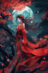 Obraz na płótnie Canvas Japanese cartoon anime girl in a dress in a flower field on a full moon made with generative AI