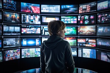 a person standing in front of multiple television screens. Cyber Attack: Shocking Image of Personal Information Leaked Across Multiple Screens - Generative AI