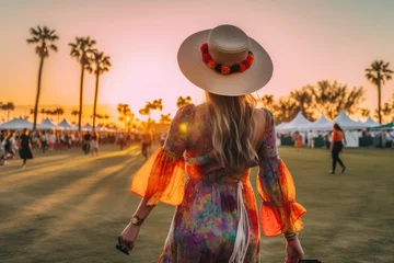 Gordijnen vibrant and bohemian-inspired Coachella festival outfit view from the back, featuring a flowy maxi dress, fringe accessories, a wide-brimmed hat, music festival - Generative AI © Hanjin